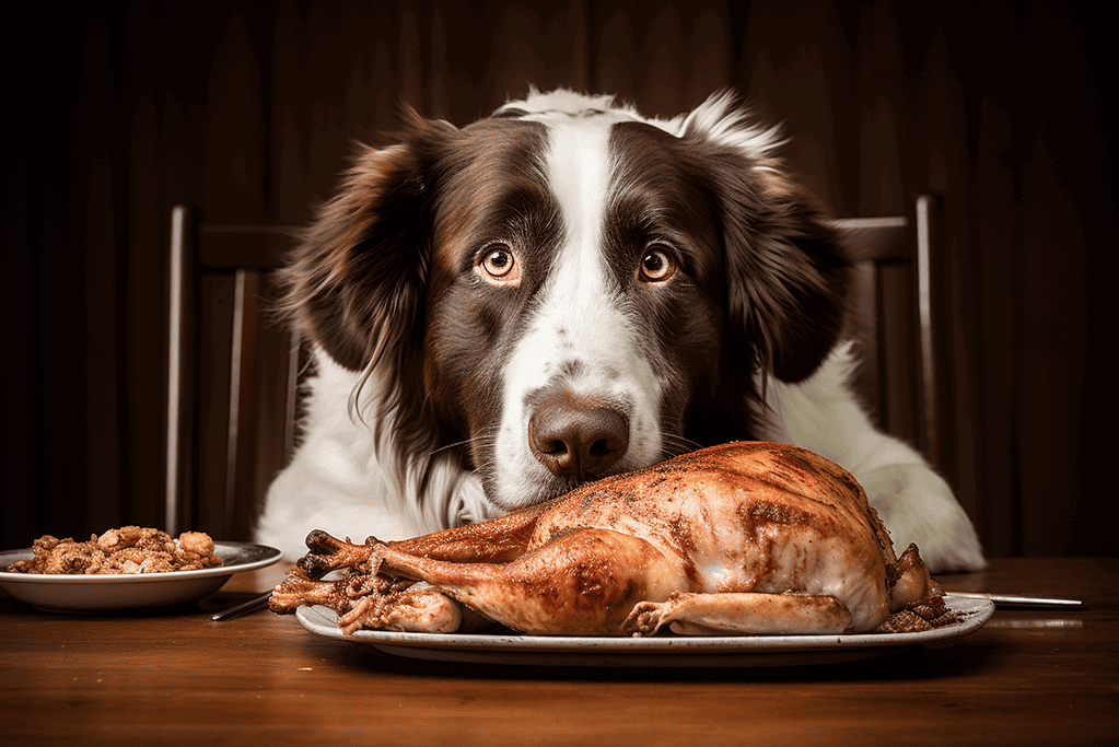 Dog with Thanksgiving turkey, food, and treats, ready for a festive meal.