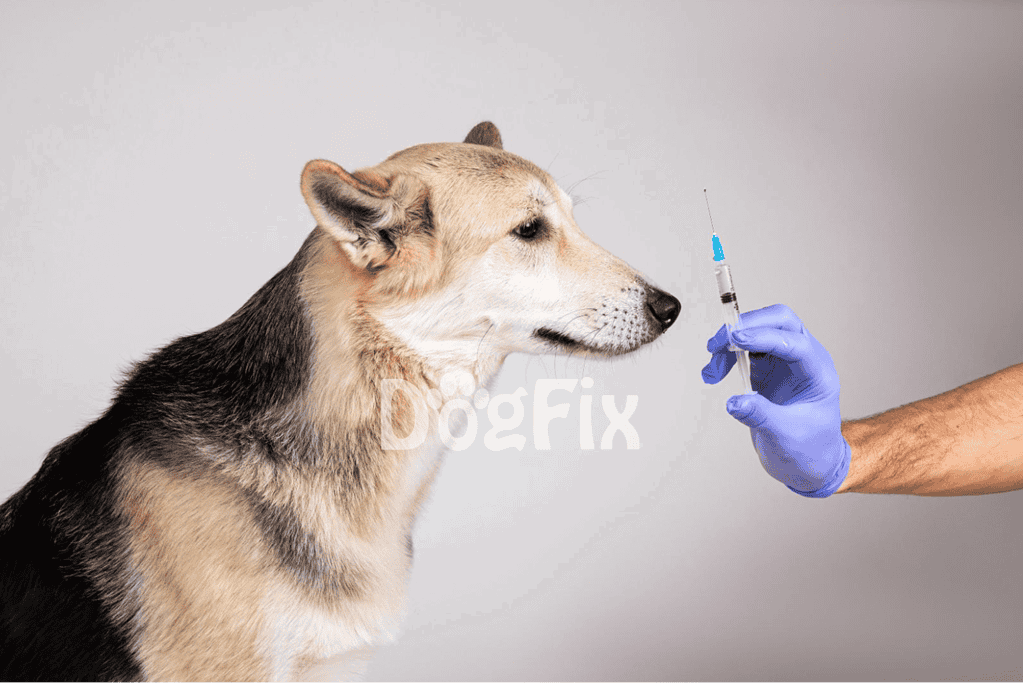 Dog receiving vaccine injection from veterinarian.