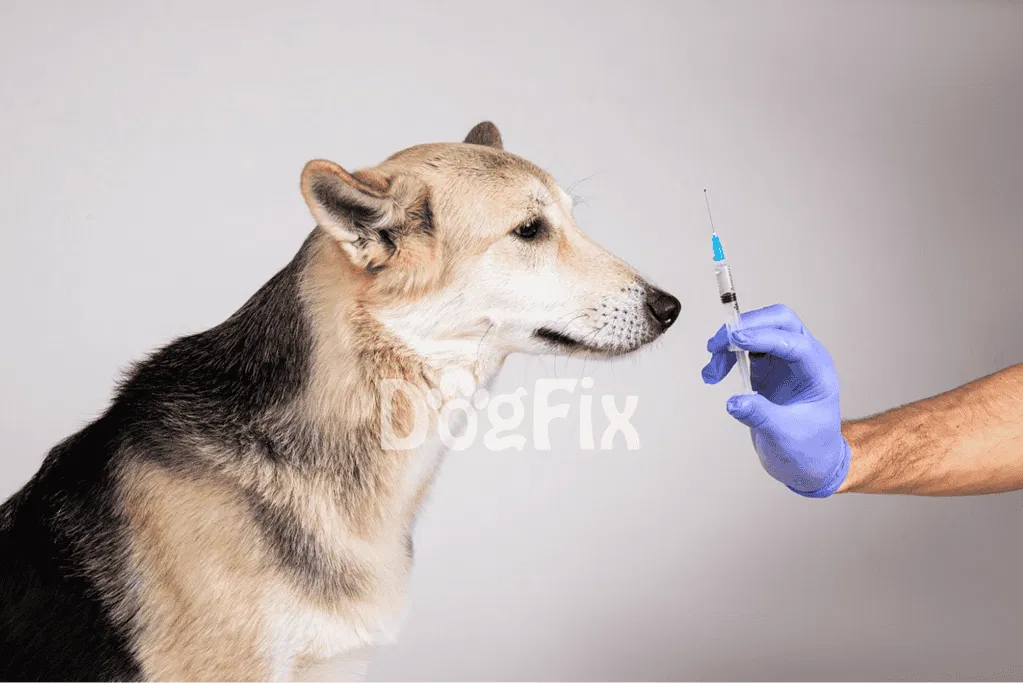 Close-up of a dog receiving a vaccination from a veterinarian wearing gloves.