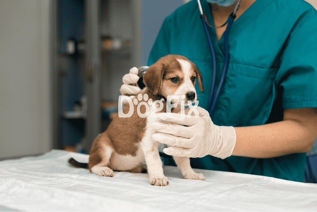 Puppy being examined by veterinarian in clinical setting.