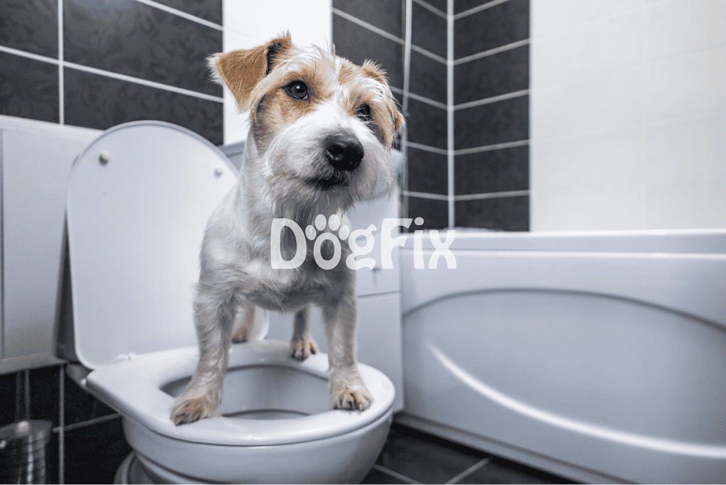 Cute dog standing on toilet with open lid in modern bathroom.