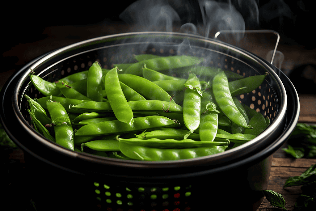 Bright green sugar snap peas in a steaming basket with steam rising.