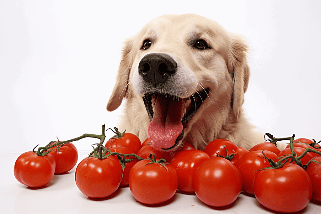 Happy dog with tomatoes, healthy dog food, pet care.
