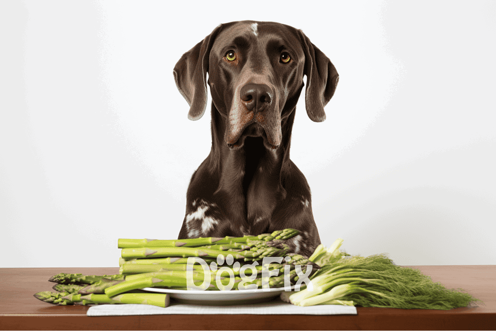 Brown and white dog with asparagus.