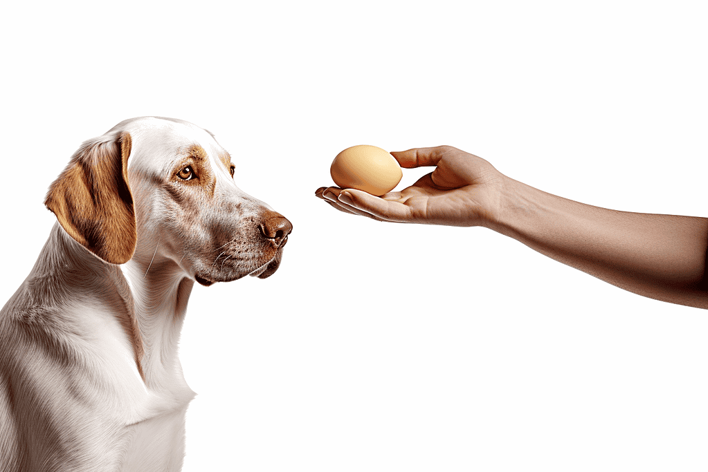 Dog and human hand holding an egg, highlighting pet nutrition and health.
