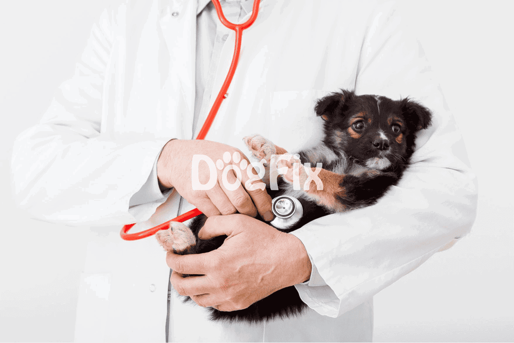 Cute puppy receiving veterinary checkup, health assessment by veterinarian.