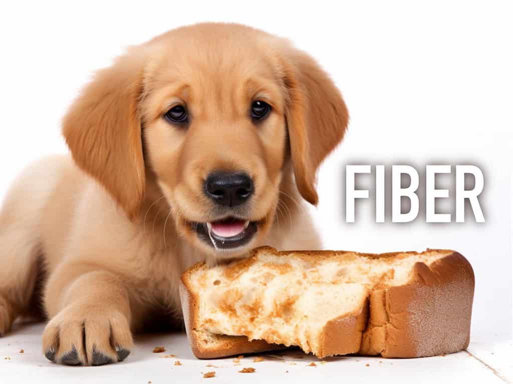 Adorable golden retriever puppy with a slice of bread, promoting fiber-rich diets for healthy dogs.