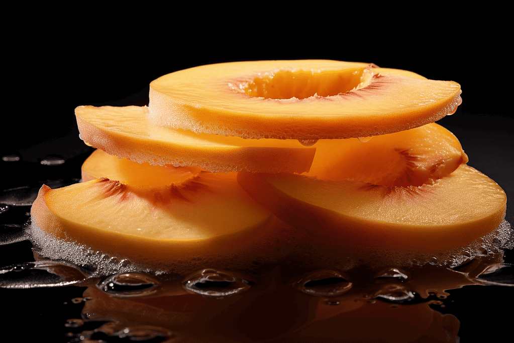 Close-up of juicy, sliced peaches with water droplets, highlighting freshness and vibrant color.