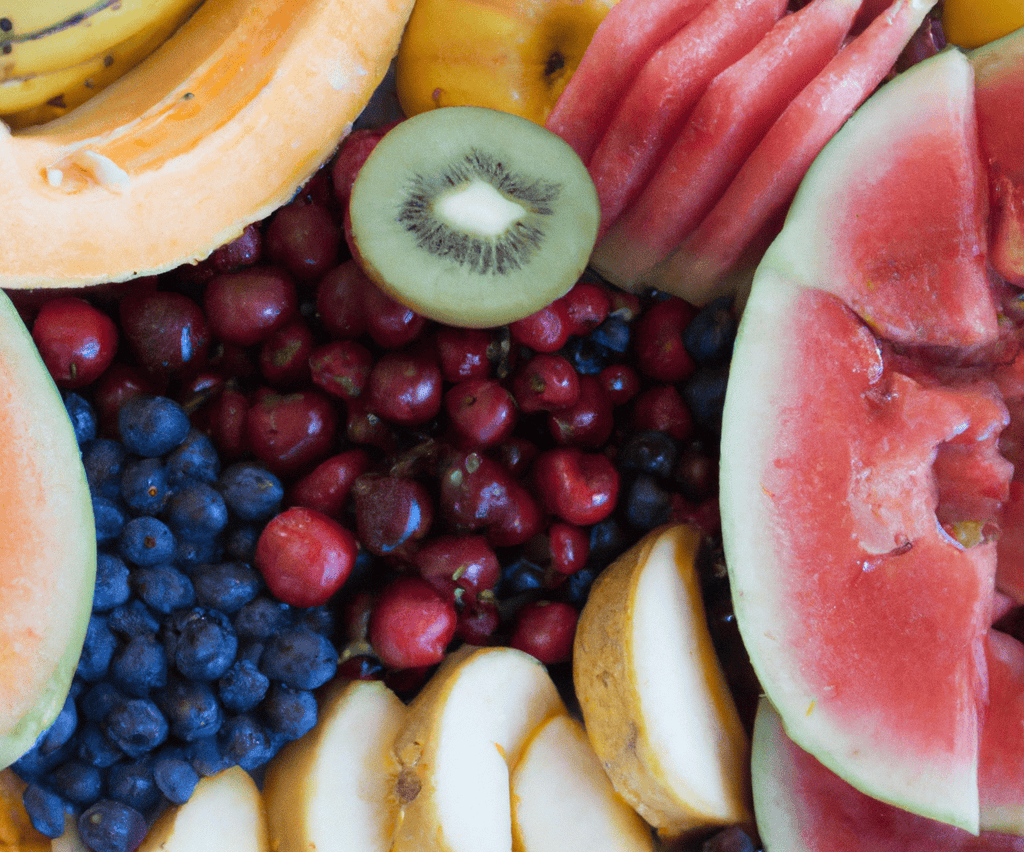 Close-up of colorful fresh fruits including watermelon, kiwi, blueberries, and bananas.
