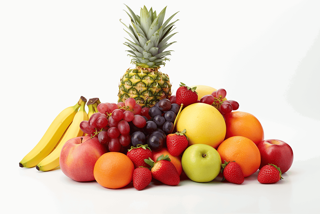 Bright pineapple and assorted fresh fruits on white background.