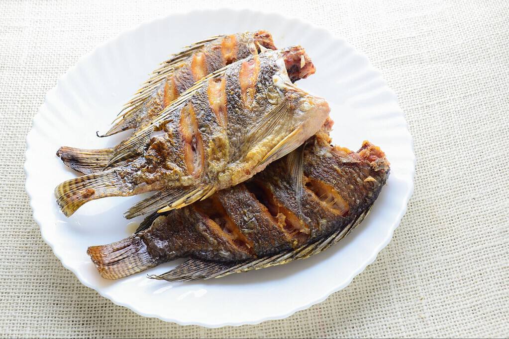 Fresh grilled whole fish served on a white plate, perfect for seafood lovers and healthy meals.