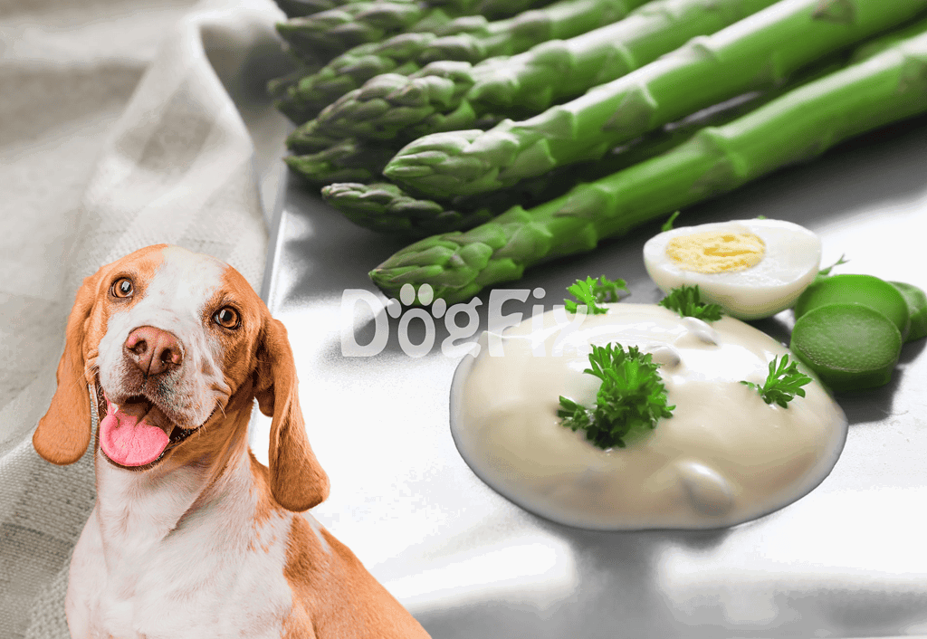 Dog-friendly fresh ingredients including asparagus, eggs, and herbs for healthy dog meals.