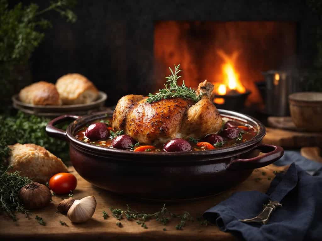 Delicious roasted chicken served in a traditional crockpot, garnished with herbs, with fresh ingredients around.