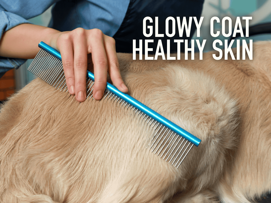 Grooming dog for shiny, healthy coat and skin with dog grooming tools.