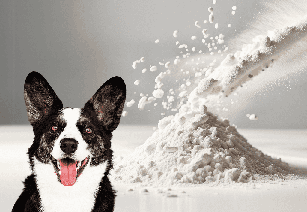 Dog nutrition supplement powder for healthy digestion and coat.