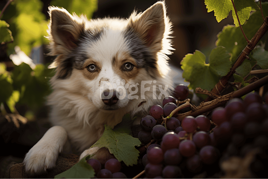 Adorable Australian Shepherd puppy exploring vineyard grape bunches, showcasing playful, nature-loving behavior.