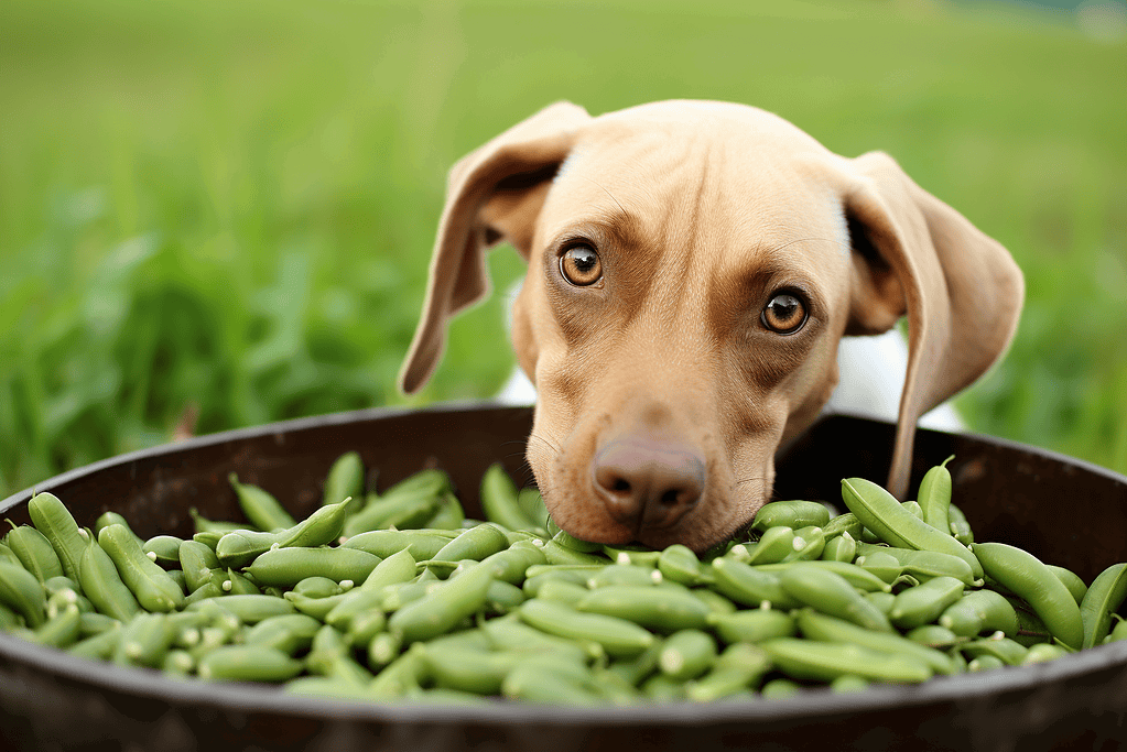 Close-up of adorable dog with brown eyes licking a bowl of green beans outdoors.