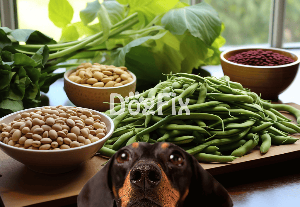 Healthy dog food ingredients with fresh vegetables and legumes.