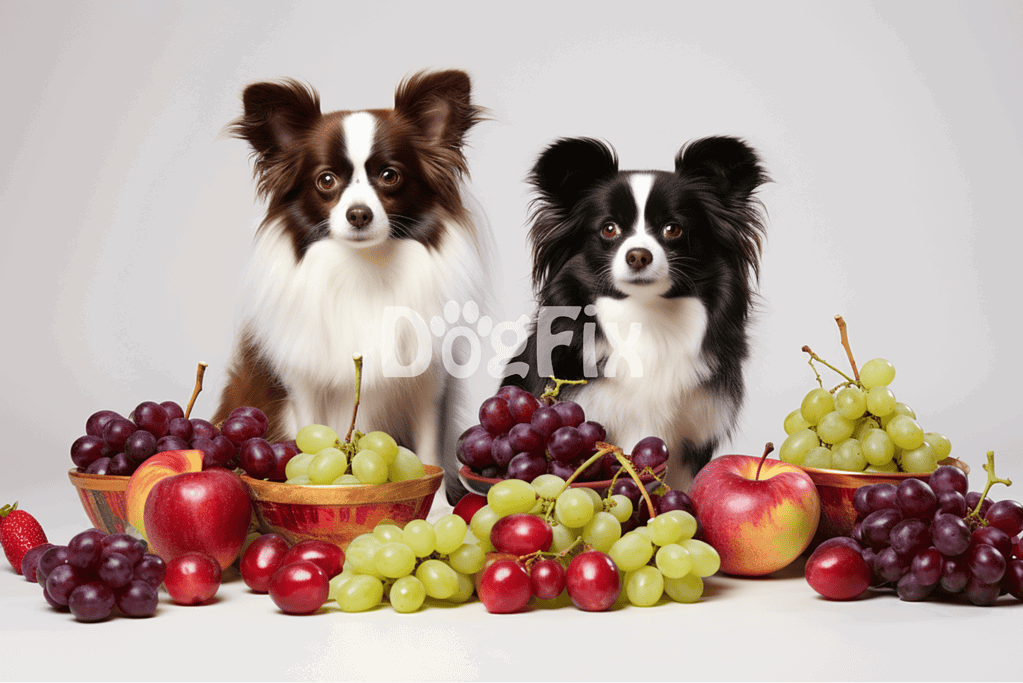 Adorable Dachshund and Papillon dogs sitting with bowls of grapes and apples on a clean white background.