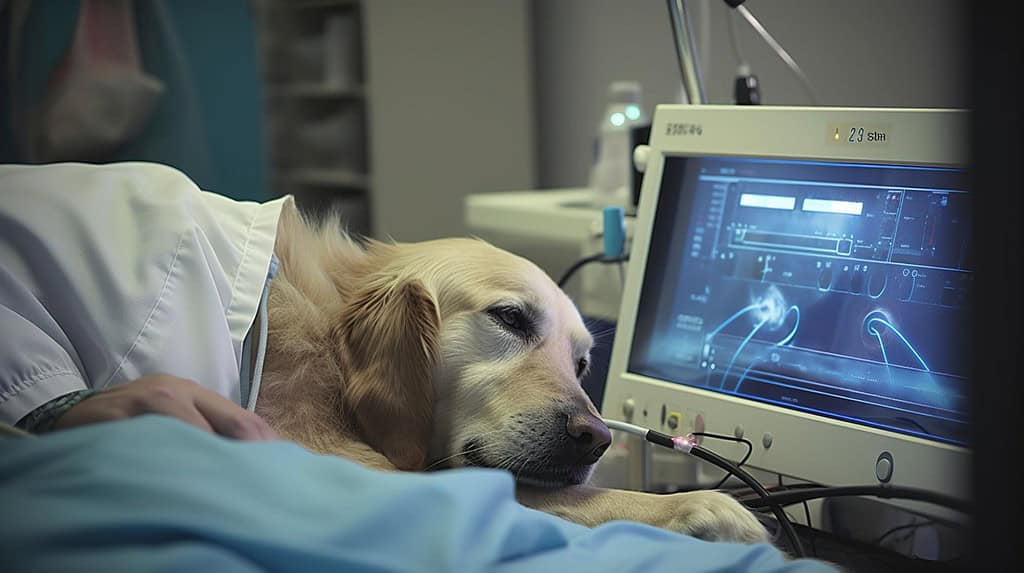 Dog lying next to advanced medical monitoring equipment at a veterinary clinic.