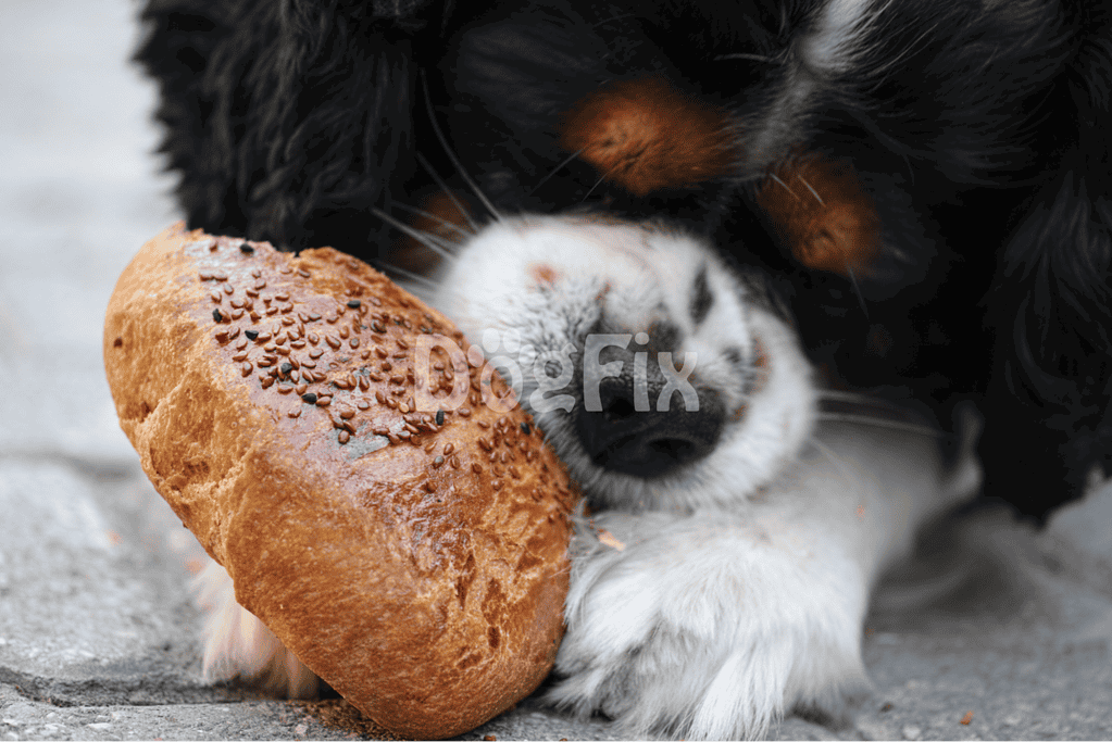 Cute puppy chewing bread with a black and white dog. Fun, adorable moment highlighting pet and bread interaction.