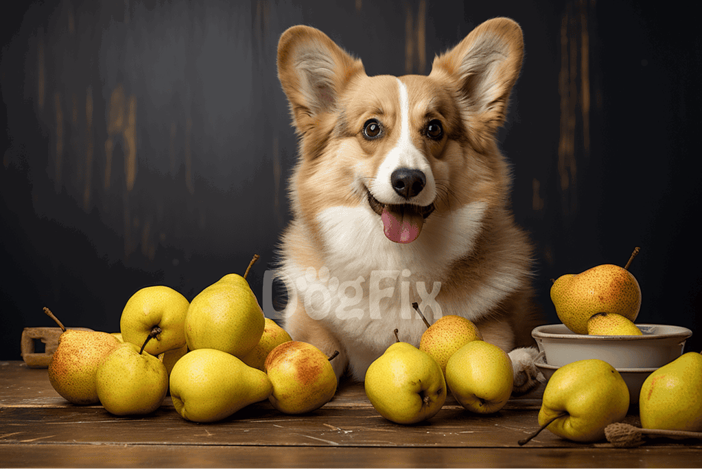 Adorable dog surrounded by fresh yellow and green pears on rustic wooden table.