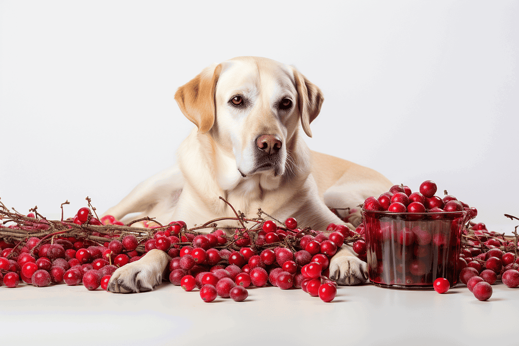 Dog with cranberries, healthy treat for pets.