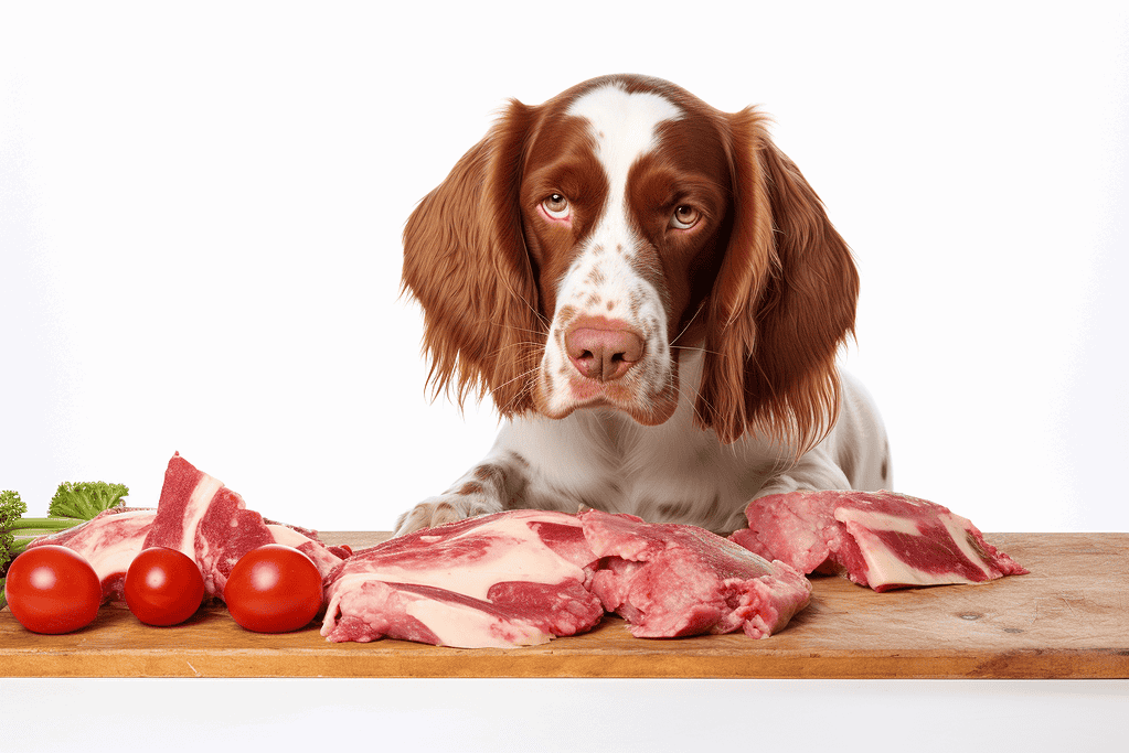 Dog eating fresh raw meat, tomatoes, and greens for healthy diet.