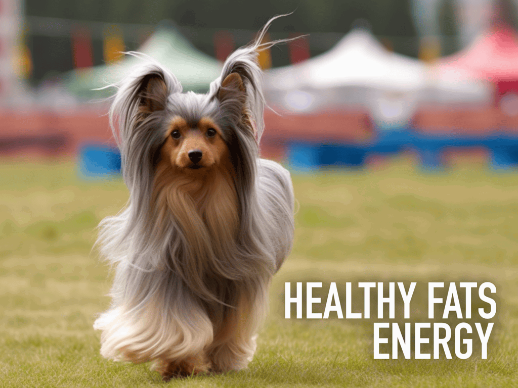 Vibrant dog with healthy coat outdoors, emphasizing energy and wellness through proper nutrition.