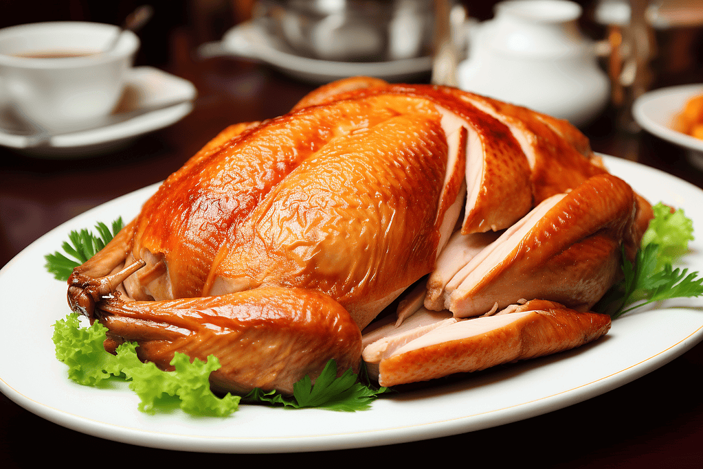 Delicious roasted chicken served on a white platter with fresh herbs and greens. Perfect for family dinners and special occasions.