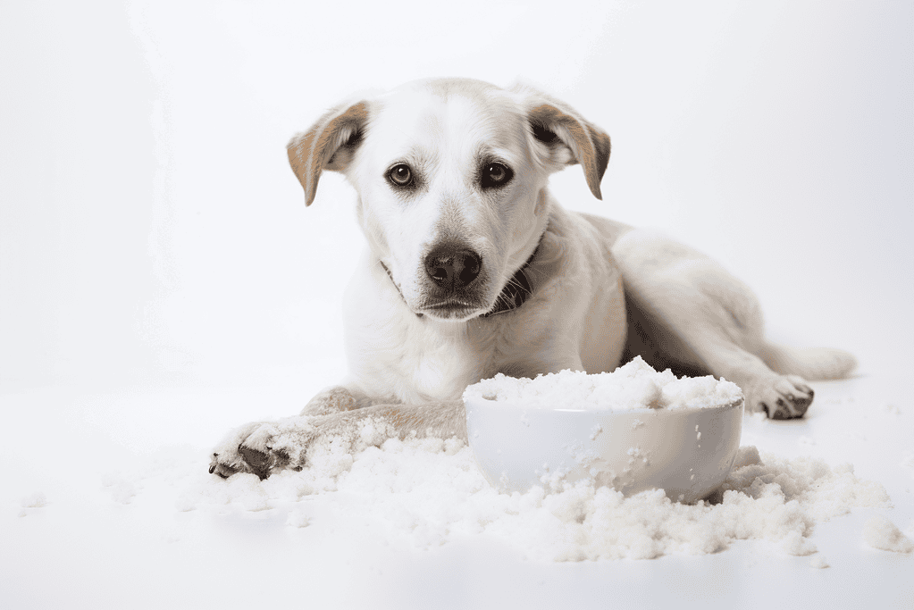 Cute dog lying on snow with a bowl of snow, looking curiously at the camera. Perfect for dog lovers and pet care websites.