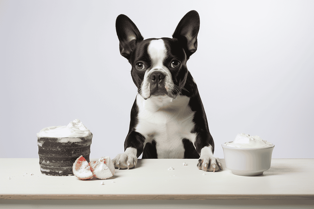 Adorable French Bulldog with treats on a white surface.