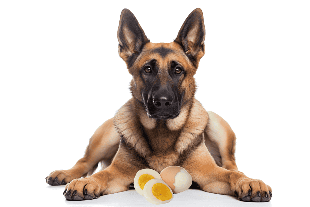 Dog nutrition and care with a German Shepherd puppy lying next to boiled eggs.