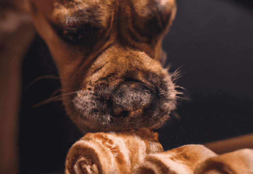 Close-up of a brown dog with grooming fur, showing details of its face and snout.