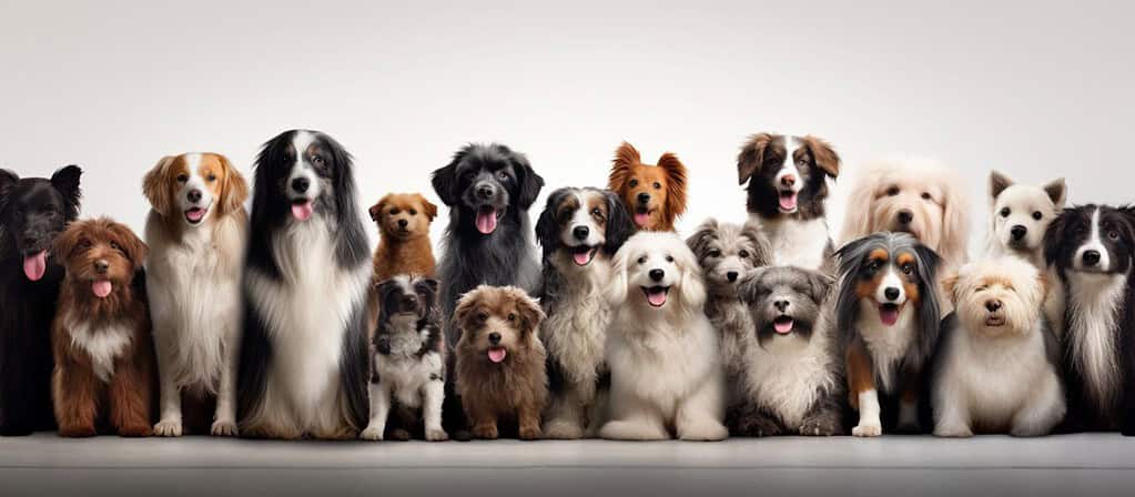 Adorable group of various dog breeds smiling with tongue out, sitting on neutral background.