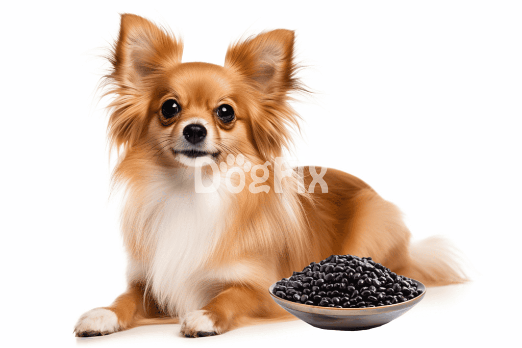 Adorable small dog with a bowl of healthy black dog treats against a white background.