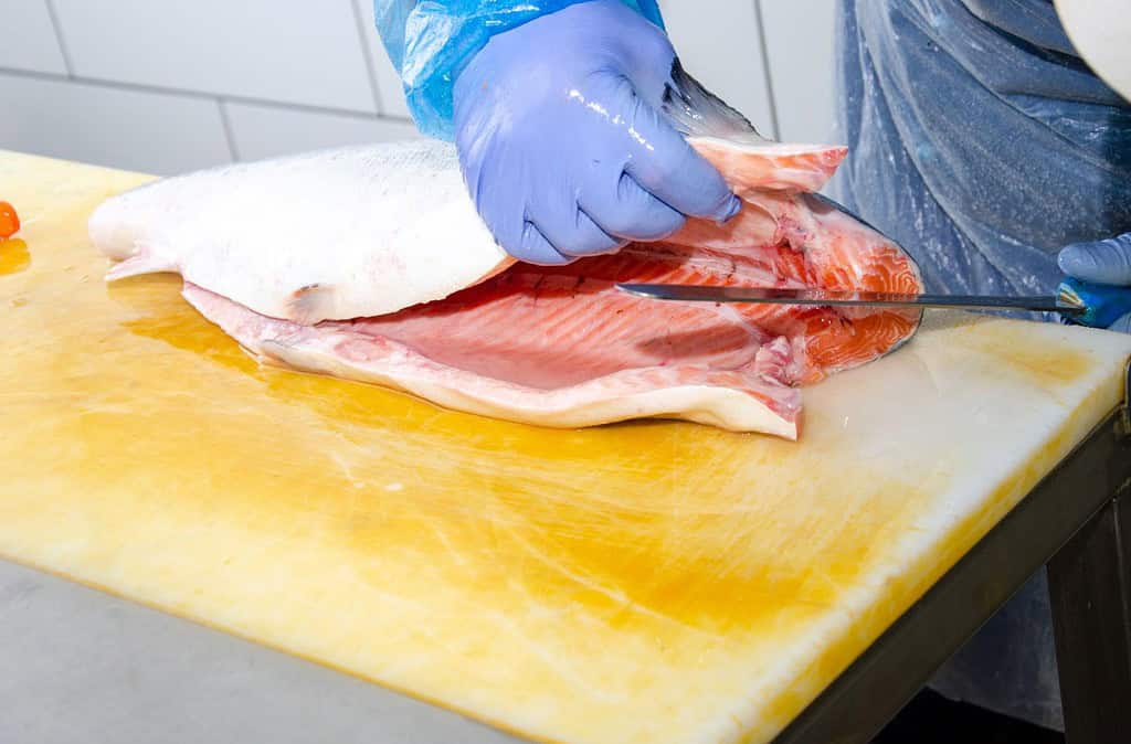 Dog-friendly fish meat being prepared on a yellow cutting board.