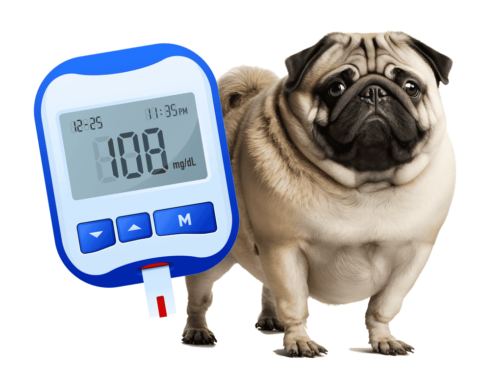 Dog with blood glucose meter showing 108 mg/dL.