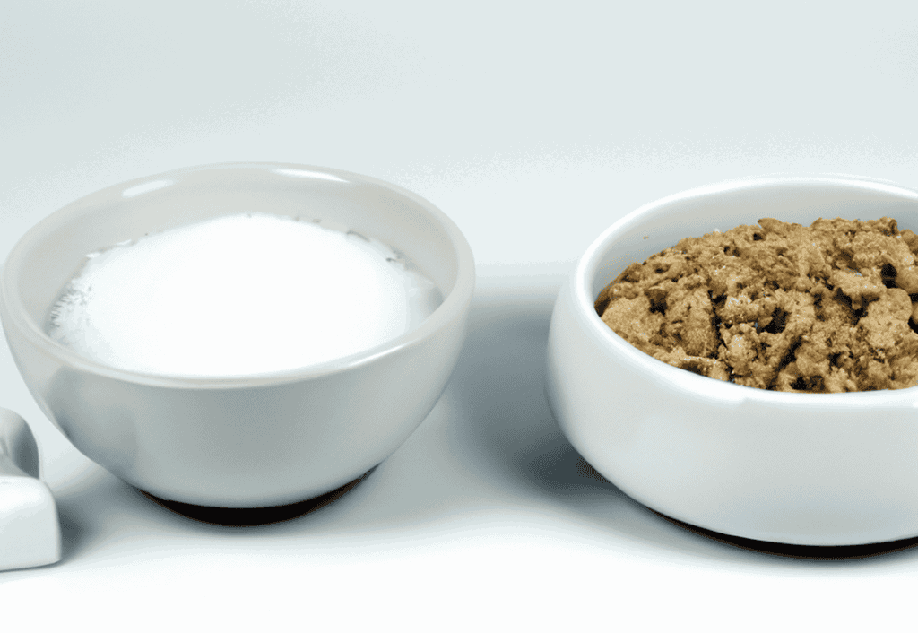 Close-up of milk and ground dog food in bowls, healthy pet meal options.