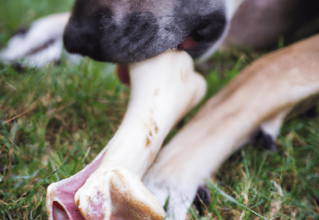 Close-up of a dog chewing a bone outdoors in green grass.