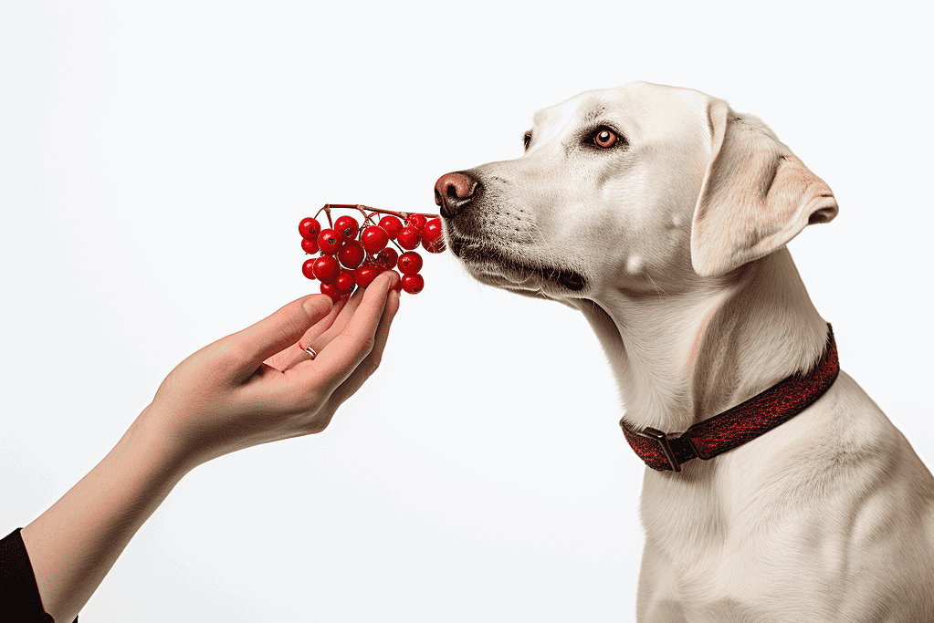 Healthy dog with berries.