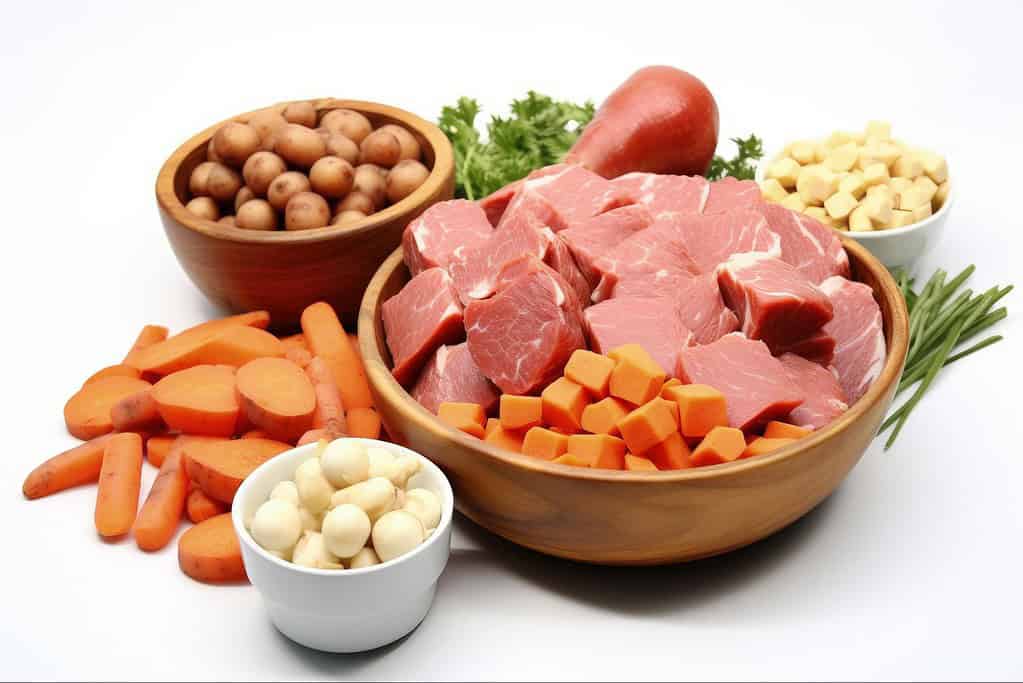 Healthy raw meat and vegetable ingredients for dogs.