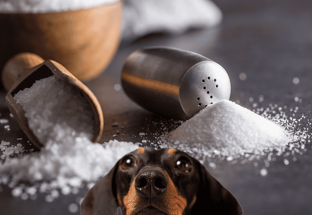 Salt shaker with spilled salt and a curious dog, emphasizing safe pet care tips from Dogfix.com.