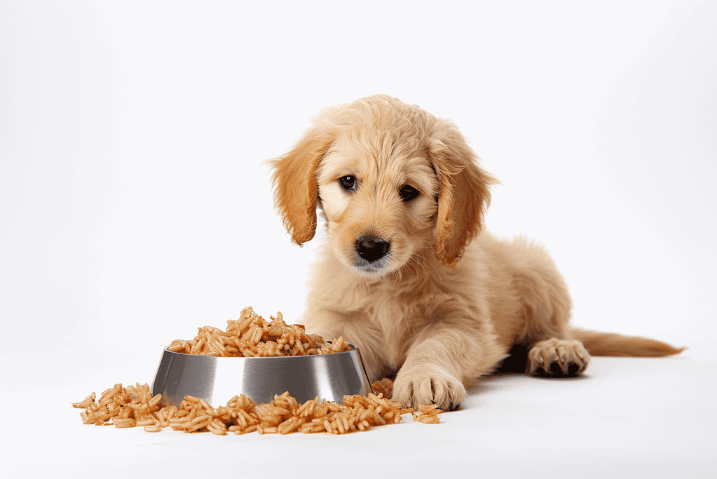 Adorable golden puppy with food bowl on plain white background, promoting dog meal delivery service.