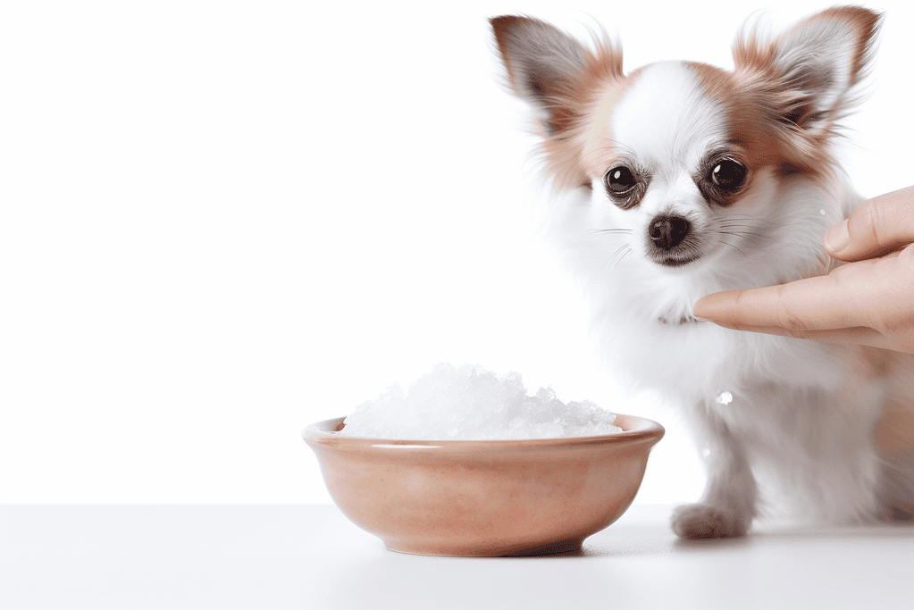 Adorable Chihuahua with salt bowl, dog treat, pet health, natural snacks, dog nutrition.