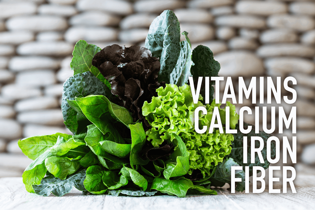 Vitamins, calcium, iron, fiber-rich fresh greens for healthy dog diet, promoting wellness.