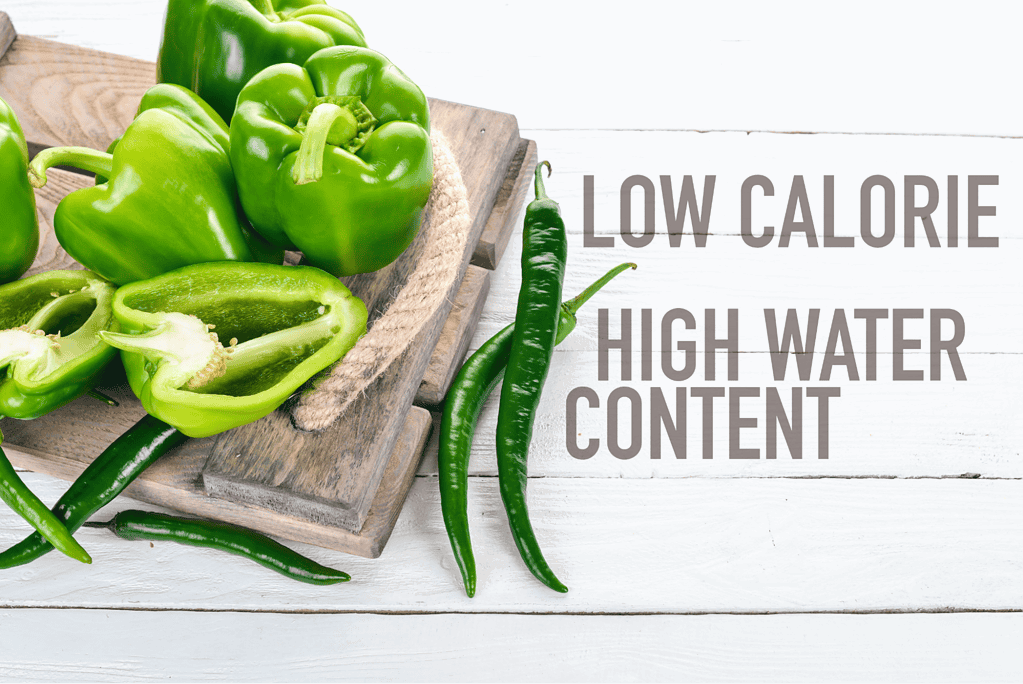 Fresh green peppers and chilies, low-calorie, high water content, ideal for nutritious dog snacks.