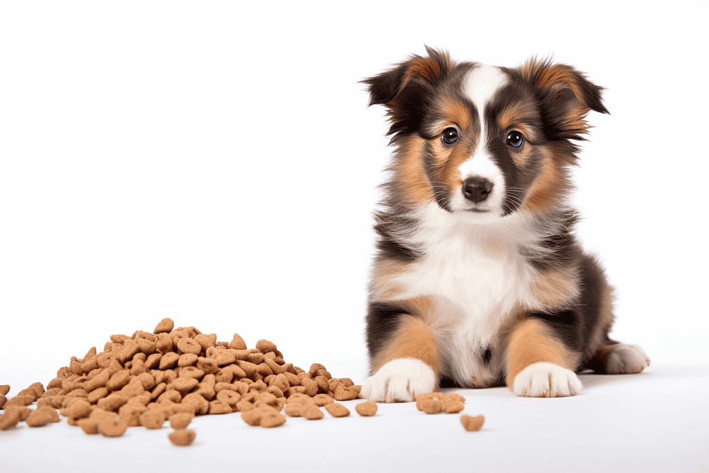 Adorable puppy sitting next to scattered dry dog food on white background.