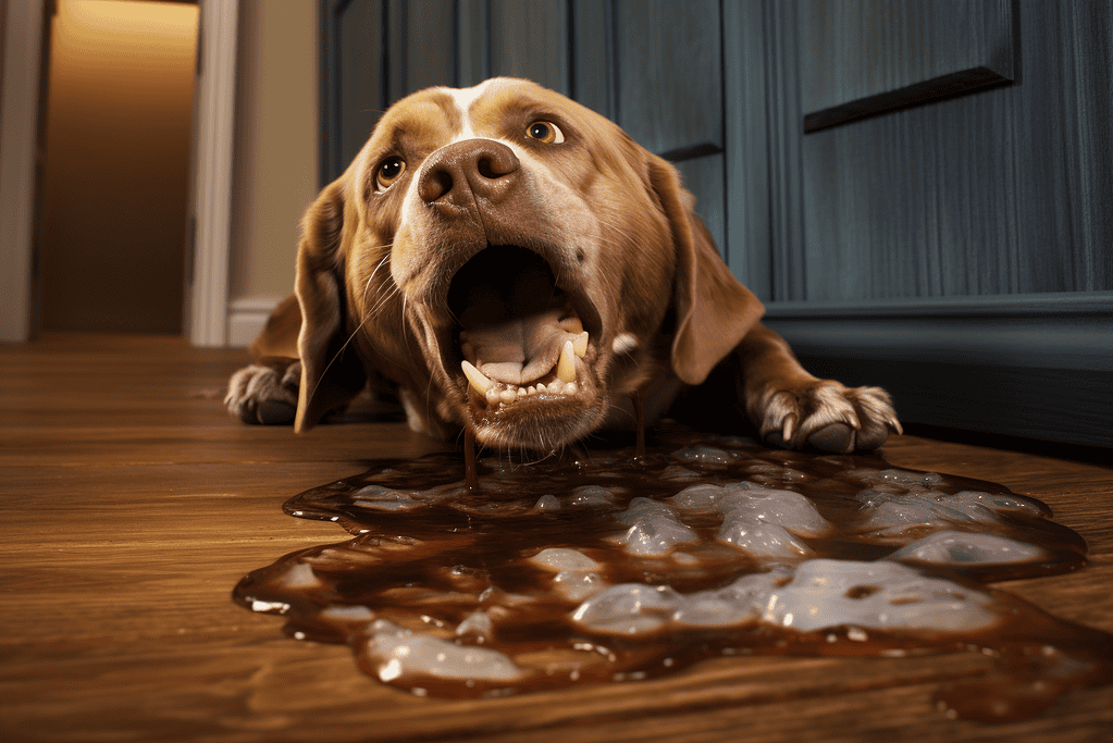 Dog drinking spilled water on wooden floor, hungry dog looks eager to hydrate.