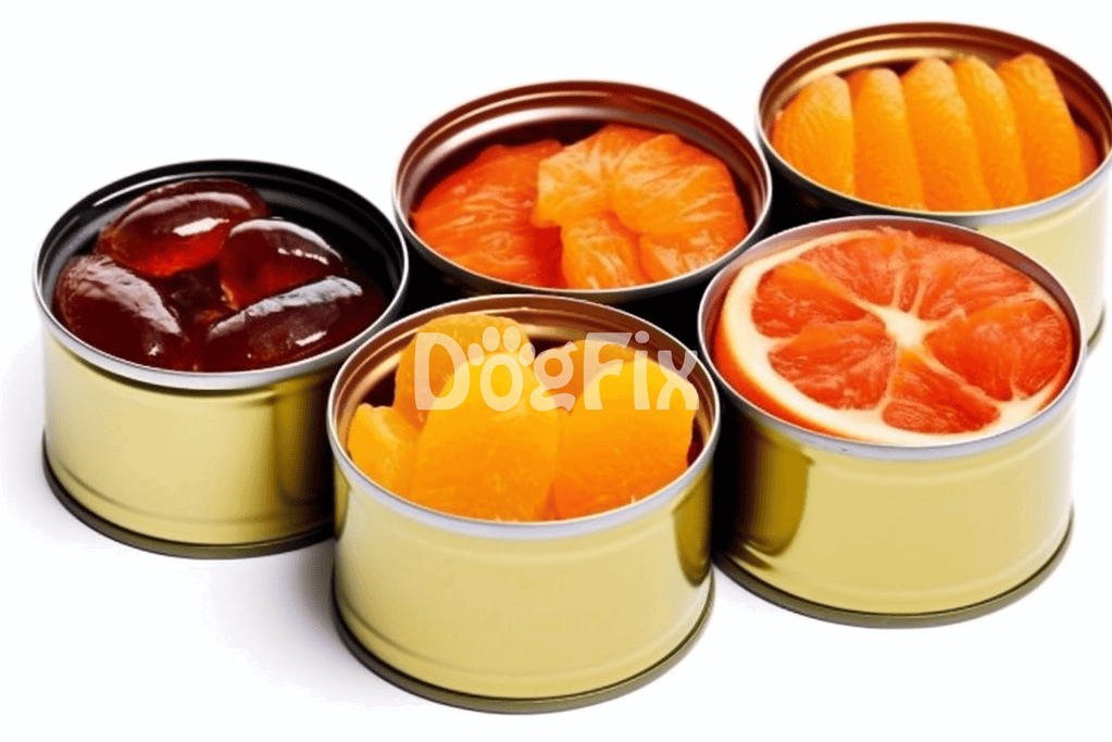 Rich selection of canned fruit including oranges, mandarins, cherries, and mixed fruit for dog nutrition.